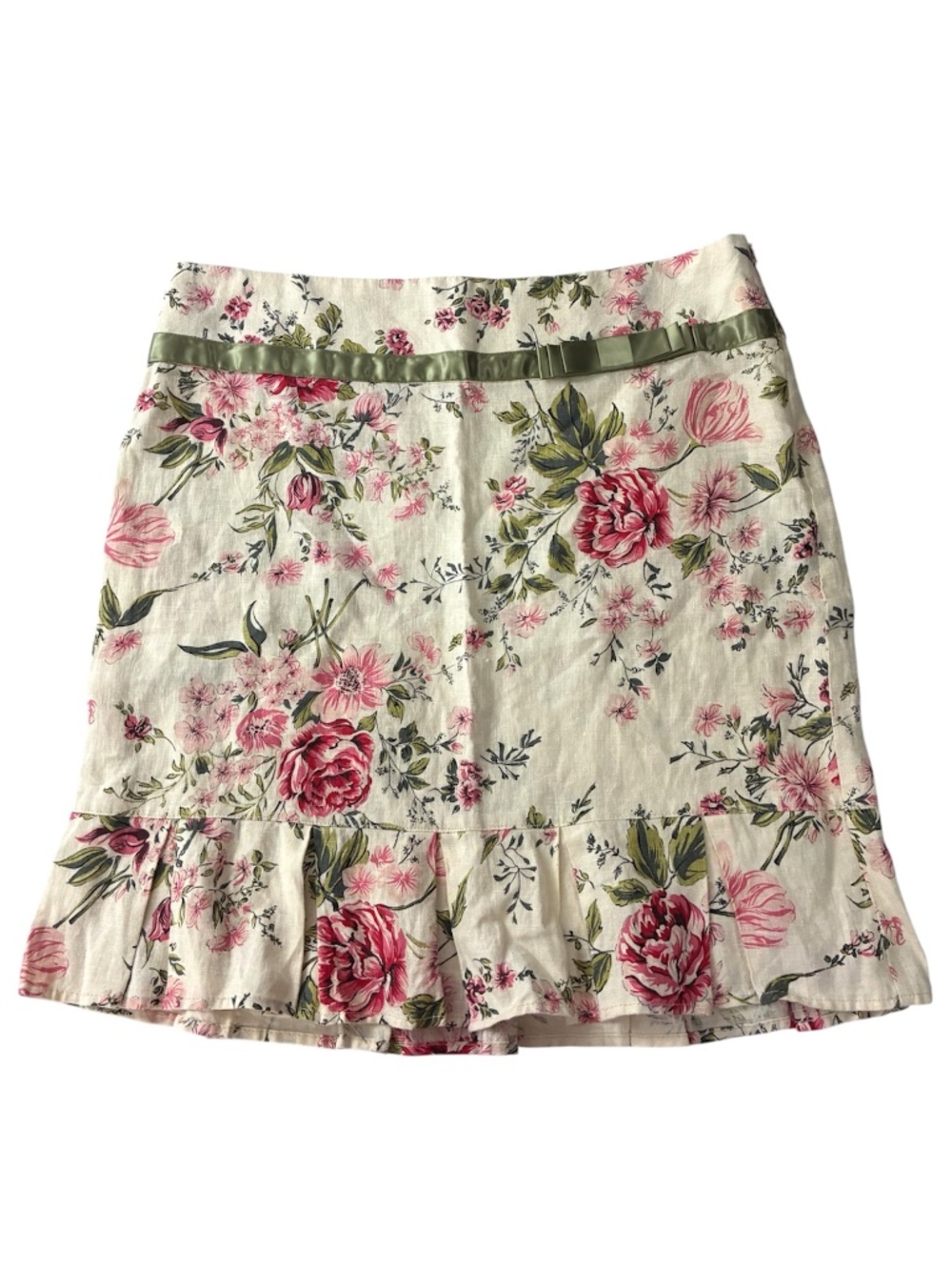 100% Linen Cottagecore Skirt 8 Floral Roses Pleated Hem Pencil Velvet Ribbon